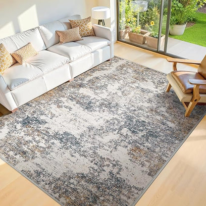 6x9 Washable Area Rugs - Modern Abstract Rugs for Living Room Non-Slip Low Pile Soft Machine Washable Carpet for Bedroom, Dining Room, Nursery, Home Office, Farmhouse (6'x9' Tan Blue)