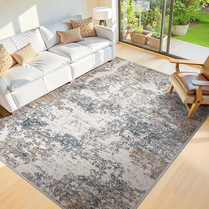5x7 Washable Area Rugs - Modern Abstract Rugs for Living Room Non-Slip Low Pile Soft Machine Washable Carpet for Bedroom, Dining Room, Nursery, Home Office, Farmhouse (5'x7' Tan Blue)