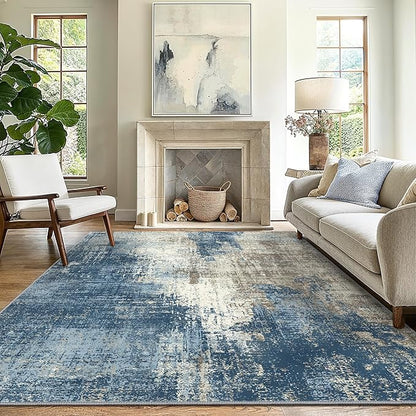 GENIMO Washable Area Rugs for Living Room, 9x12 Modern Non Slip Rugs, Low Pile Lightweight Soft Print Rug for Bedroom, Dining Room, Home Office, Washed Slate Blue