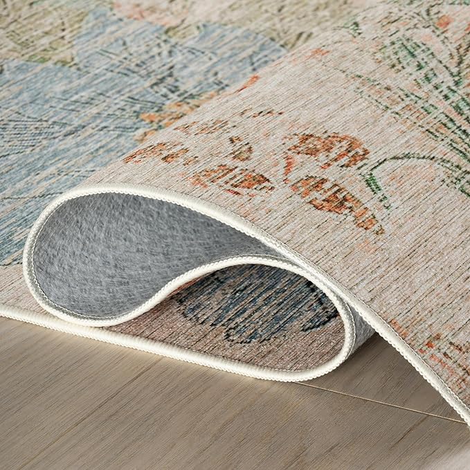 Dash & Albert Zell Multi Machine Washable Rug, 7.5 X 9.5 Feet, Multicolored/Tan Floral Pattern
