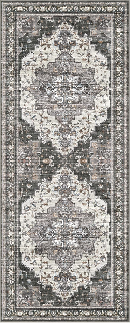 GENIMO 2X5 Hallway Runner Rug, Machine Washable Non Slip Vintage Floral Patchwork Runners, Thin Low Pile Chenille Carpet Runners for Entryway, Kitchen, Bathroom, Bedroom, Slate Gray