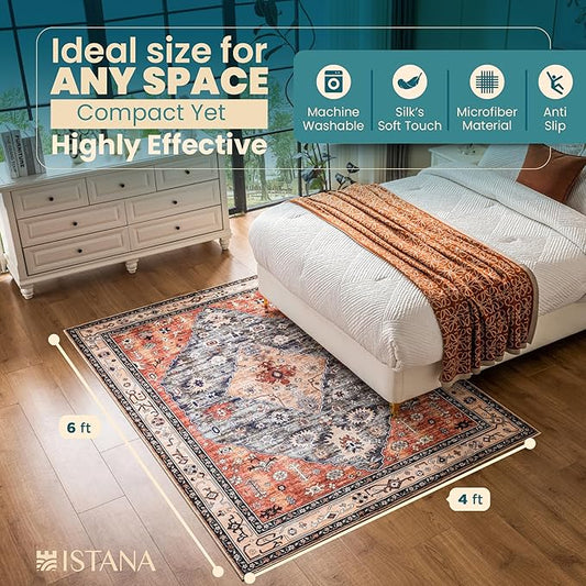 Istana 4x6 Rug - Red & Teal Area Rugs 4x6 - Kid & Pet Friendly Machine Washable Rugs - 4 x 6 Area Rug Non Slip & Non Shedding Area Rug - Foldable Rug for Room for Bedroom
