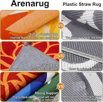 Colorful 6x9 Outdoor Area Rug Washable Multicolored Patio Rug Tropical Botanical Floral Chenille Waterproof Outdoor Carpet Non-Slip for Patio, Deck, Backyard, Porch, Rainbow
