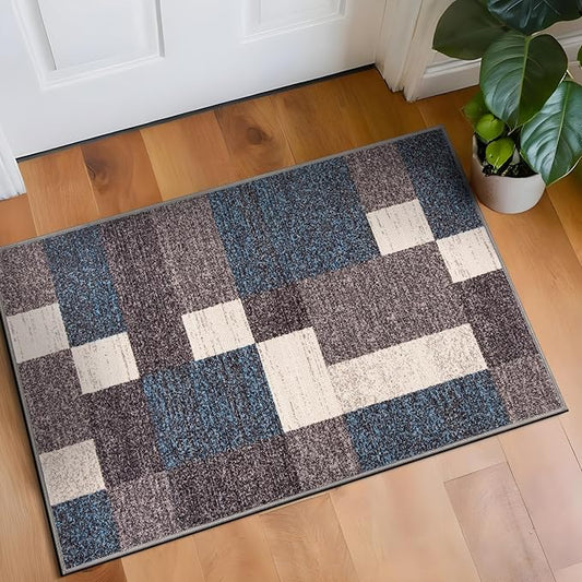 Rugshop Modern Boxes Design Non-Slip (Non-Skid) Carpet Mat Area Rug for Entryway,Door Rug,Kitchen 2'7" x 4' Blue