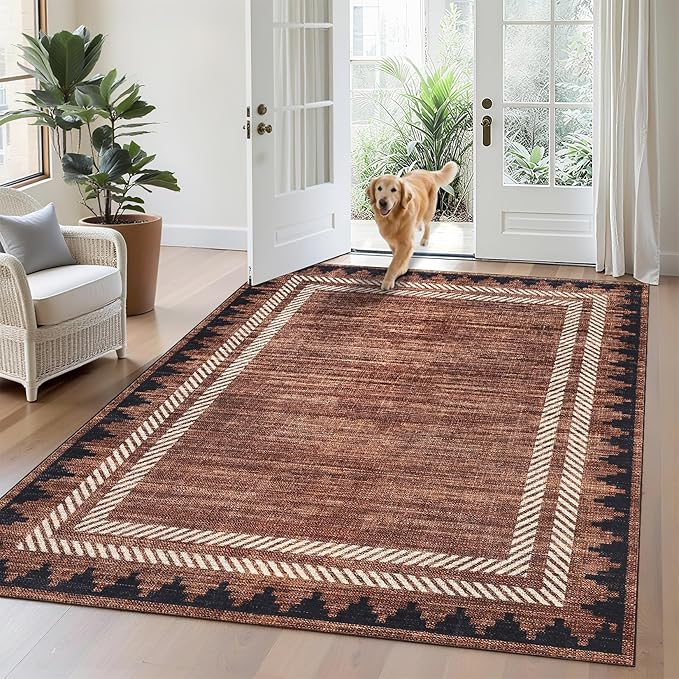 Geometric Bordered 5x7 Washable Low Pile Area Rugs for Bedroom Living Room Playroom Modern Non Slip Foldable Soft Indoor Carpet Stain Resistant Non-Shedding Dining Room Farmhouse Rug, Brick Red