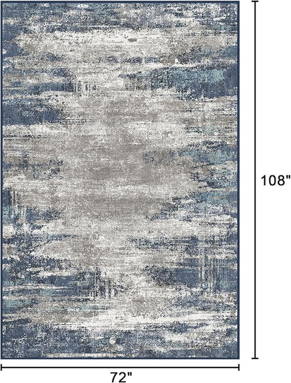 Bavni Rugs for Bedroom, Machine Washable Blue Rug Non-Slip, Foldable Modern 6x9 Area Rugs, Soft Low Pile Carpet for Living Room, Dining Room, Playroom, Blue/Ivory