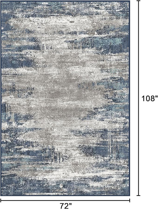 Bavni Rugs for Bedroom, Machine Washable Blue Rug Non-Slip, Foldable Modern 6x9 Area Rugs, Soft Low Pile Carpet for Living Room, Dining Room, Playroom, Blue/Ivory