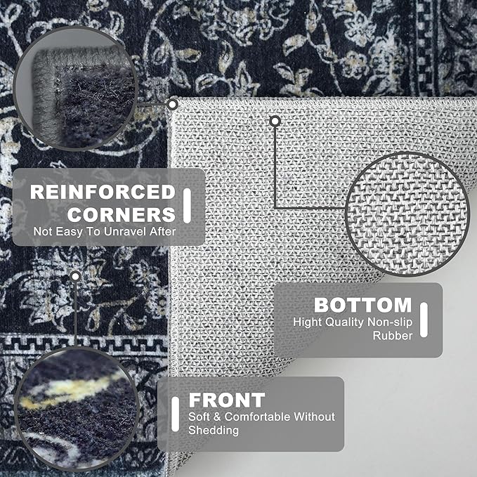 KILOCOCO Area Rug 3x5 Entryway Rug Washable Printed Vintage Floral Rubber Backed Non Slip Indoor Kitchen Rugs for Living Room Laundry Room Playroom Mudroom Moroccan Area Rugs, Navy/Charcoal