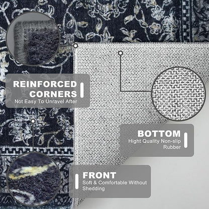 KILOCOCO Area Rug 5x7 Living Room Rug Washable Printed Vintage Floral Non Slip Soft Rubber Backed Indoor Bedroom Rugs for Laundry Room Kitchen Playroom Moroccan Area Rugs, Navy/Charcoal
