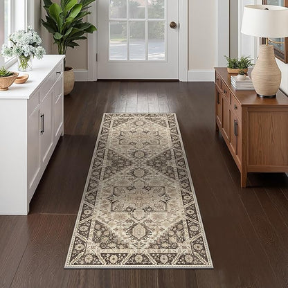 2x7 Runner Rug Machine Washable Boho Runners for Hallway,Ultra-Thin Low Pile Rug,Lightweight Indoor Carpet,Non Slip Floral Runners for Enrtyway, Corridor, Home Office, Kitchen,Brown