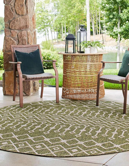 Unique Loom Outdoor Trellis Collection Area Rug - Tribal Trellis (10' 8" Round, Green/ Natural)
