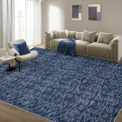 RUGSREAL Washable Area Rug for Bedroom 5x7 Contemporary Dining Room Throw Rug Low-Pile Solid Modern Rug Non-Slip Stain Resistant Home Office Solid Rug for Living Room Bedroom Kids Room, 5' x 7' Blue