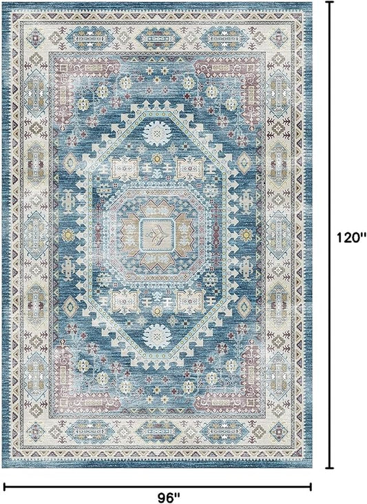 vivorug 8x10 Area Rugs for Living Room, Non-Slip Backing Washable Rug 8x10, Blue Large Area Rug Soft Carpet for Bedroom Dining Room, Vintage, Easy Clean, Durable, Low Pile Rug Under Table