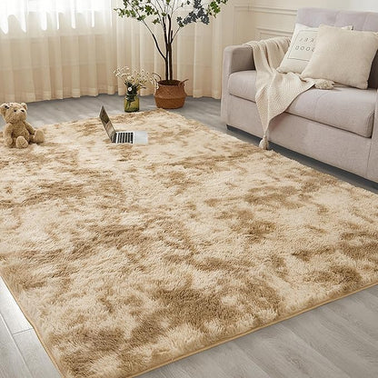 Andency 8x10 Area Rugs for Living Room, Upgrade Non-Slip Fluffy Soft Large Shag Bedroom Carpet, Tie-Dyed Khaki Big Indoor Thick Nursery Rug for Kids Dorm Home Decor Aesthetic