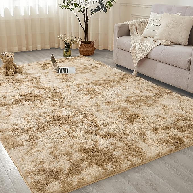 Andency Soft Area Rugs for Living Room Bedroom, 5x8 Fluffy Shaggy Bedside Rug, Non-Slip Large Shag Fuzzy Plush Carpets for Bedroom Kids Dorm Nursery Home Decor Aesthetic, Tie-Dyed Khaki