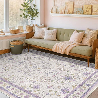 Purple Rugs for Girls Bedroom, Non Slip Machine Washable 4x6 Floral Area Rug for Nursery Kids Room, Living Room, Low Pile Lavender Girly Dorm Pastel Décor