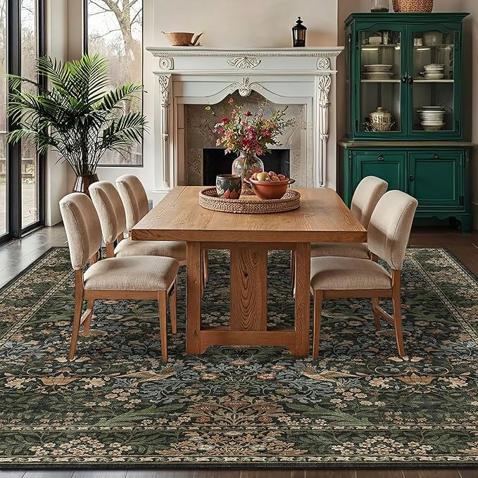 9x12 Floral Washable Area Rug for Living Room, Vintage Boho Large Rugs for Bedroom Dining Room, Botanical Birds Non Slip Low Pile Forest Throw Carpet for Farmhouse Office, Retro Gold/Green