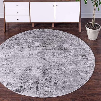 Rugs.com Leipzig Collection Round Rug – 7 Ft Round Grey Low-Pile Rug Perfect for Kitchens, Dining Rooms