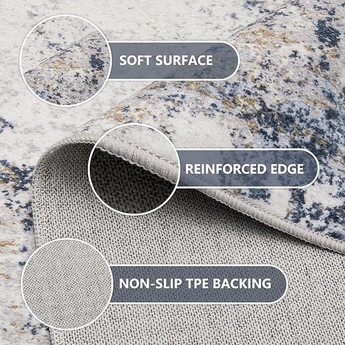 7x9 Washable Area Rugs - Modern Abstract Rugs for Living Room Non-Slip Low Pile Soft Machine Washable Carpet for Bedroom, Dining Room, Nursery, Home Office, Farmhouse (7'x9' Beige Blue)