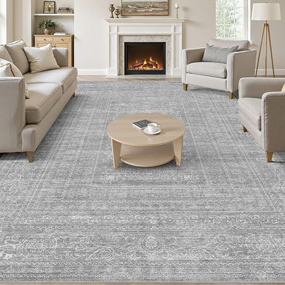 5x7 Area Rugs Living Room: Washable Large Vintage Grey Rug Neutral Non-Slip Soft Stain Resistant Indoor Carpet for Bedroom Nursery Dining Room Under Table Bed Home House Office Playroom
