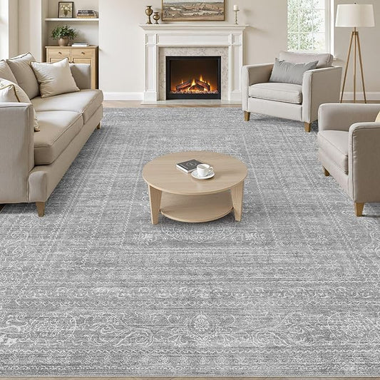 12x15 Area Rug Living Room: Washable Large Vintage Grey Rug Neutral Non-Slip Soft Stain Resistant Indoor Carpet for Bedroom Nursery Dining Room Under Table Bed Home House Office Playroom