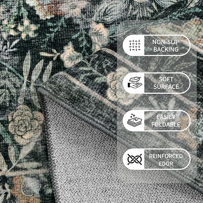 Washable Living Room Rug: 5x7 Boho Floral Soft Area Rug for Bedroom Decor - Vintage Low Pile Thin Carpet for Dining Room Non-Slip - Farmhouse Stain Resistant Rugs - Dark Green