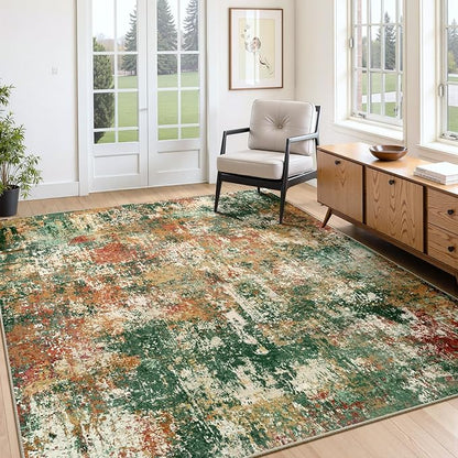 Washable Area Rugs 5'x8' Non-Slip Modern Abstract Soft for Living Room Entryway Bedroom Nursery, Print Pattern, Green Orange Rust Red Cream Colorful