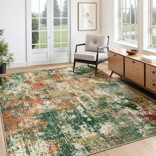 Washable Area Rugs 4'x6' Non-Slip Modern Abstract Soft for Living Room Entryway Bedroom Nursery, Print Pattern, Green Orange Rust Red Cream Colorful