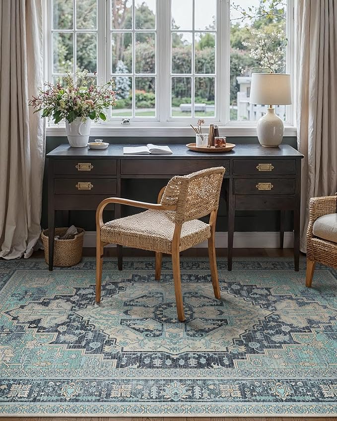 GENIMO 8X10 Area Rugs for Living Room, Machine Washable Vintage Floor Cover Foldable Modern Non Slip Rug, Low Pile Soft Indoor Carpet Floral Print Mat Rug,Bedroom/Dining Room/Home Office,Teal