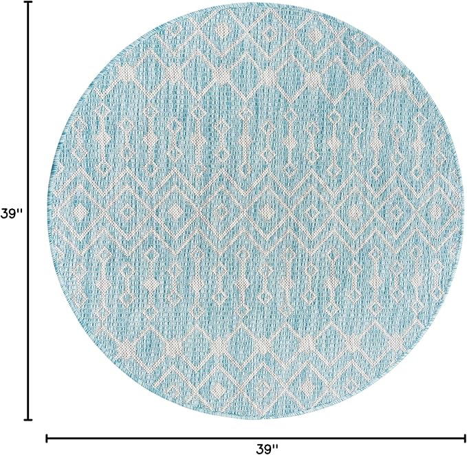 Unique Loom Outdoor Trellis Collection Area Rug - Tribal Trellis (3' 3" Round, Aqua/ Ivory)