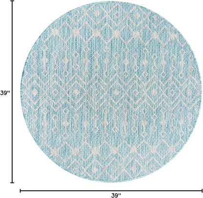 Unique Loom Outdoor Trellis Collection Area Rug - Tribal Trellis (3' 3" Round, Aqua/ Ivory)