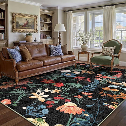 Black Area Rug 6x9 Floral Washable Living Room Kitchen Boho Carpet Non Slip Low Pile Indoor Accent Lightweight Soft Throw Rug for Bedroom Office Dining Room Nursery Farmhouse