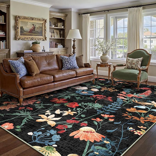 Black Area Rug 6x9 Floral Washable Living Room Kitchen Boho Carpet Non Slip Low Pile Indoor Accent Lightweight Soft Throw Rug for Bedroom Office Dining Room Nursery Farmhouse
