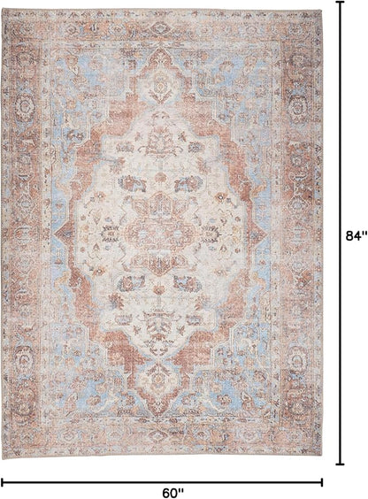 GLN Rugs Traditional Collection - Machine Washable Area Rug, Traditional Washable, Non Slip, Low Pile Chenille Rug, Living Room, Bedroom, Kitchen Rug (5' x 7' Brown/Blue)