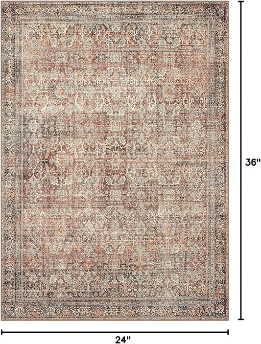 2x3 Entrance Rug Machine Washable Rug Small Door Mat,Ultra-Thin Low Pile Pad,Lightweight Indoor Carpet,Non Slip Floral Area Rug for Entryway,Bedside,Kids Room,Laundry,Bathroom,Terracotta/Indigo