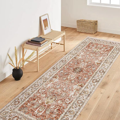 Deerly Vintage Runner Rug 3x7 Runner Rugs for Hallway Non-Slip Kitchen Runner Rug with Rubber Backing Washable Rug Runner for Bedroom Distressed Brick Red