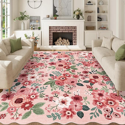 DUKINO 8x10 Area Rug, Floral Washable Rugs for Living Room with Non Slip Backing & Non-Shedding, Lightwight Low Pile Boho Design Large Carpets for Bedroom, Living Room, Dining Room, Pink