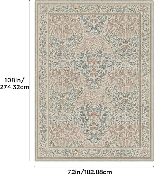 Bavni Floral Beige Pink Area Rugs 6x9, Vintage Boho Carpet Machine Washable, Non Slip Soft Low Pile Thin Rug for Bedroom, Living Room, Dining Room, Nursery