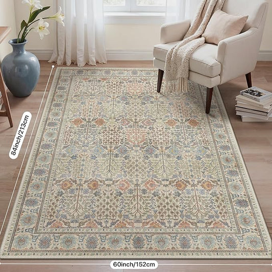 Bavni Area Rugs for Living Room, 5x7 Area Rugs Non-Slip Washable，Ultra-Thin Aesthetic Boho Rug for Bedroom Dinning Room Office, Earth Yellow