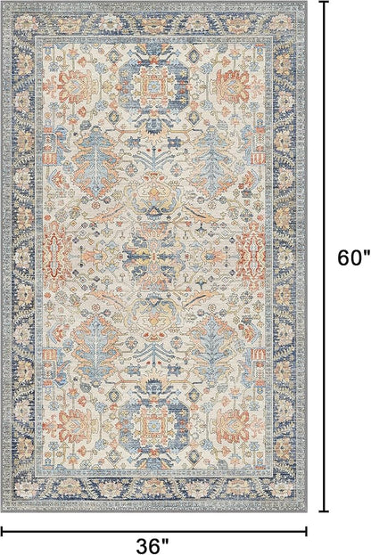 Bavni Area Rug 3x5, Non-Slip Washable Rugs for Living Room Office, Boho Distressed Printed Rug, Low Pile Foldable Decorative Carpet for Bedroom Kitchen Office, Teal/Multi