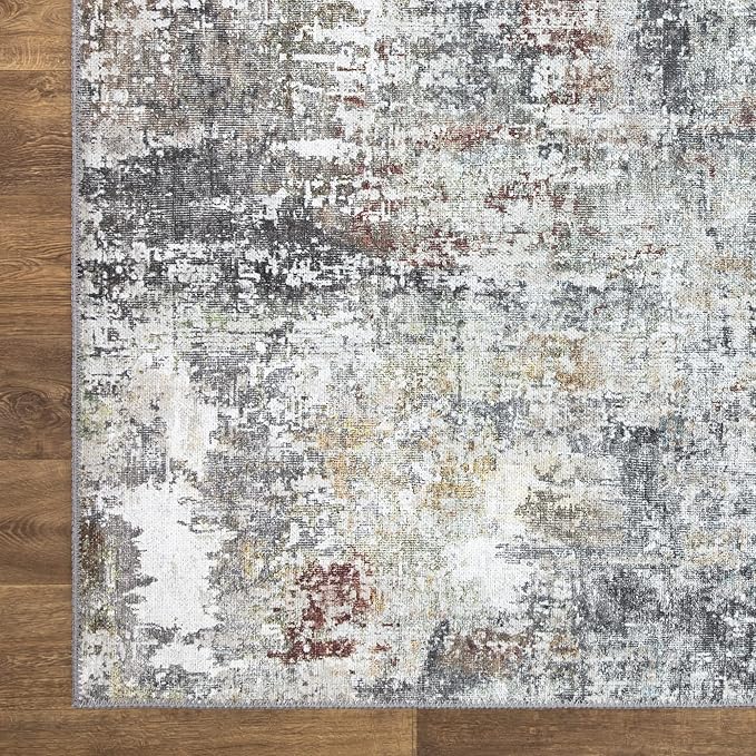 Bloom Rugs Washable Non-Slip 7 ft Runner - Gray/Red/Brown Modern Abstract Runner for Entryway, Hallway, Bathroom, and Kitchen - Exact Size: 2.5' x 7'