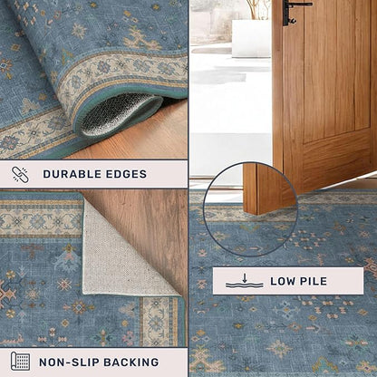 Boho 2x5 Kitchen Rugs Non Slip - Washable Blue Runner Rug for Bedroom Beside Bed, Laundry Room, Hallway, Non Slip with Rubber Backing, Floral Eclectic Unique Runner Décor