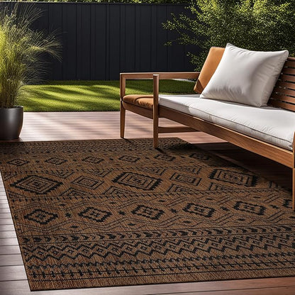 Beverly Rug Waikiki Boho Indoor Outdoor Rug 6x9, Washable Outside Carpet for Patio, Deck, Porch, Bohemian Area Rug, Farmhouse Rugs, Aztec Tribal Rug, Nut Brown and Black
