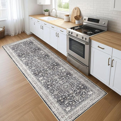 Runner Rug Kitchen Washable Rugs: 3x8 Non-Slip Boho Vintage Distressed Stain Resistant Indoor Floor Moody Oriental Throw Carpet for Hallway Bathroom Laundry Room Entryway Bedroom- Black