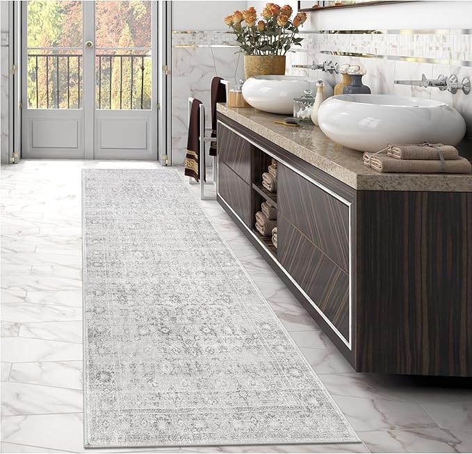 LIVEBOX Washable Runner Rug 2.5x8 - Long Grey Kitchen Rug, Low-Pile Floral Oriental Anti-Skid Carpet Runners for Hallway Bedroom Entryway, Silverygray
