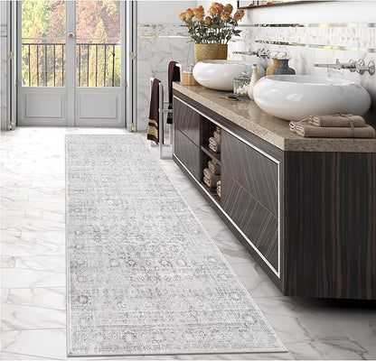LIVEBOX Washable Runner Rug 2.5x8 - Long Grey Kitchen Rug, Low-Pile Floral Oriental Anti-Skid Carpet Runners for Hallway Bedroom Entryway, Silverygray