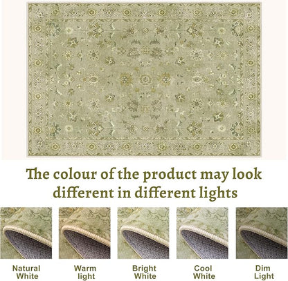 Tangsoo 5x7 Area Rug Washable Rugs for Living Room, Floral Vintage Indoor Non Slip Large Area Rugs, Print Distressed Green Carpet, Soft Low Pile Foldable Floor Rug for Bedroom Dining Room Dorm