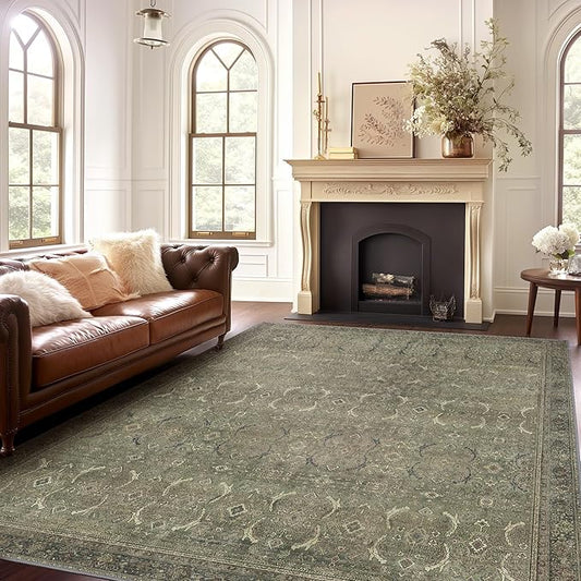 3x5 Area Rug Machine Washable Boho Rug for Living Room,Ultra-Thin Low Pile Carpet,Lightweight Indoor Printed Rug,Non Slip Floral Area Rug for Bedroom, Dining Room, Home Office,Muted Green