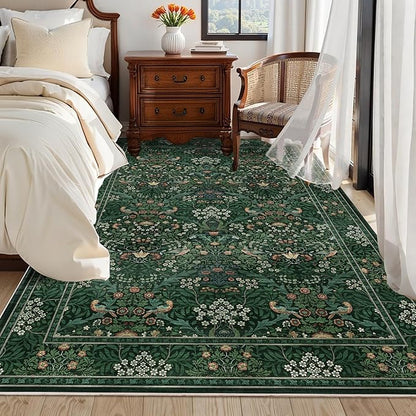 5x7 Floral Washable Area Rugs for Living Room, Vintage Boho Large Rug for Bedroom Dining Room， Distressed Botanical Birds Non Slip Low Pile Forest Throw Carpet for Farmhouse Office, Bright Green
