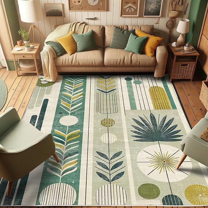 Ambesonne Mid Century Modern Decorative Rug, Abstract Circles Leaves and Stripes in Nature Color Palette, Quality Carpet for Bedroom Dorm and Living Room, 2' 2" x 3' 7", Fawn Teal Pale Green